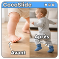 Avant/après avec chaussettes anti-dérapantes CocoSlide : bébé glisse moins au sol avant, marche stable après pour apprentissage sécurisé
