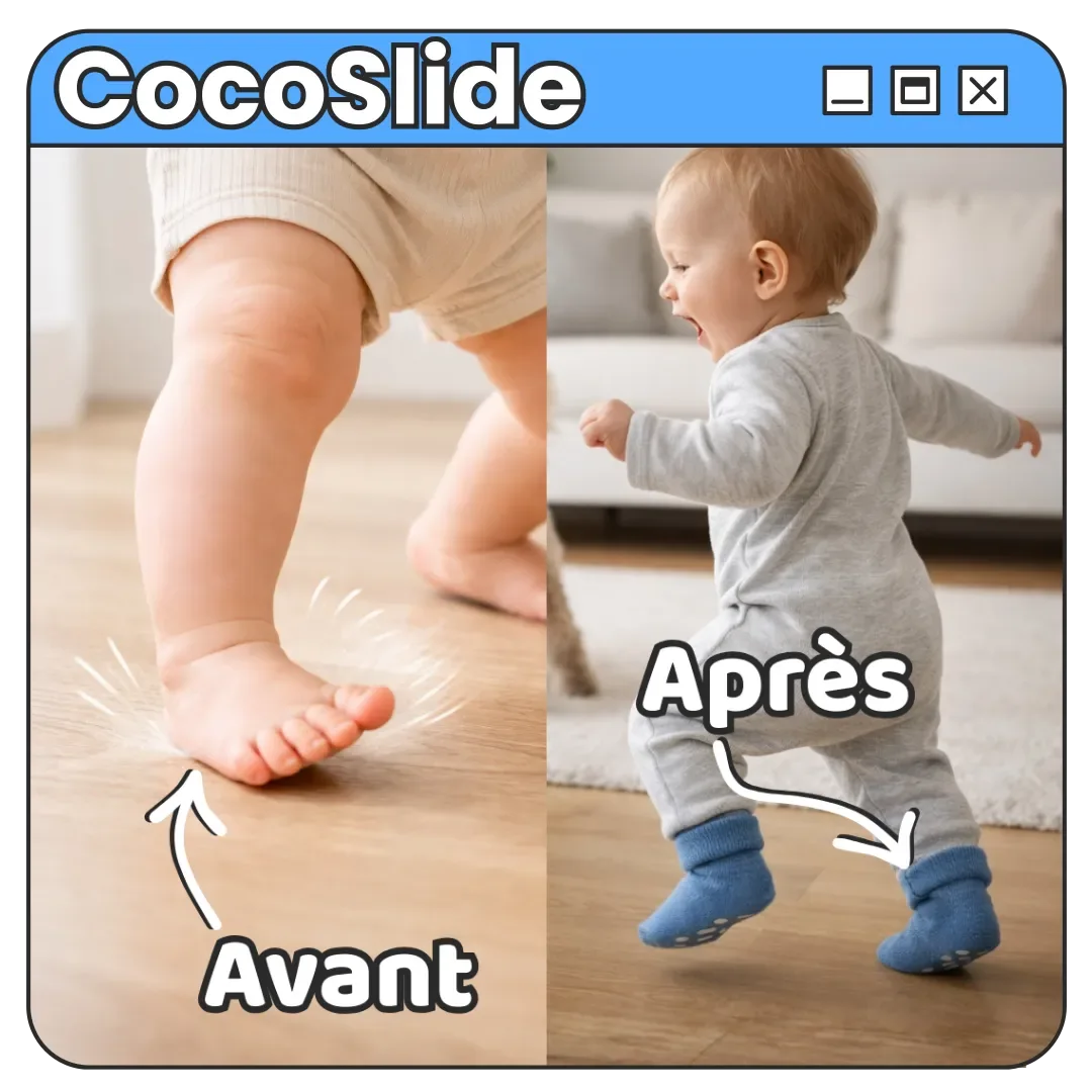 Avant/après avec chaussettes anti-dérapantes CocoSlide : bébé glisse moins au sol avant, marche stable après pour apprentissage sécurisé