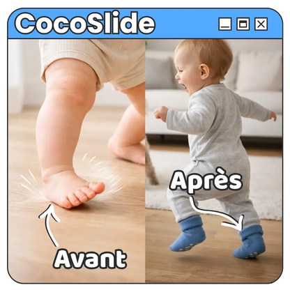 Avant/après avec chaussettes anti-dérapantes CocoSlide : bébé glisse moins au sol avant, marche stable après pour apprentissage sécurisé